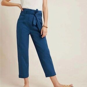 Anthropologie Super High Rise Blue Paper Bag Waist Tie Pants Size 6